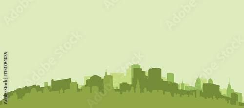 Green panoramic poster of the city skyline with solid background buildings on a hilly terrain of WINNIPEG, CANADA