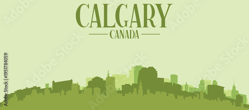 Green panoramic poster of the city skyline with solid background buildings on a hilly terrain of CALGARY, CANADA