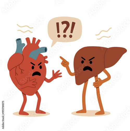 Cartoon angry heart and liver characters arguing conflict flat design vector illustration