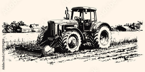 Black and white tractor with cultivator in rural farm field vector illustration