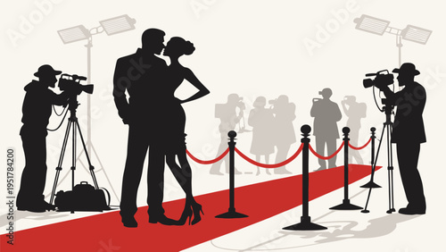 A vector graphic illustration of a couple on the red carpet with paparazzi and a crowd in the background