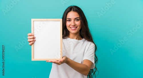 Woman holding wooden frame with white blank space for advertising. Girl showing empty board for message, announcement or presentation. Studio background, mockup concept for business.