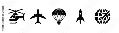 Aviation and global travel silhouette icon featuring helicopter airplane parachute rocket and world globe for transportation more vector illustration.