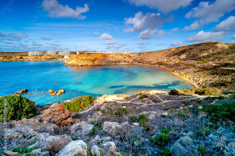 Fototapeta premium Paradise landscape Malta turquoise bay, Għajn Tuffieħa.