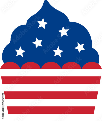 American patriotic cupcake with stars  for Fourth of July celebration vector illustration.
Red white and blue cupcake with star topping for Independence Day party design
Transparent background. svg.
