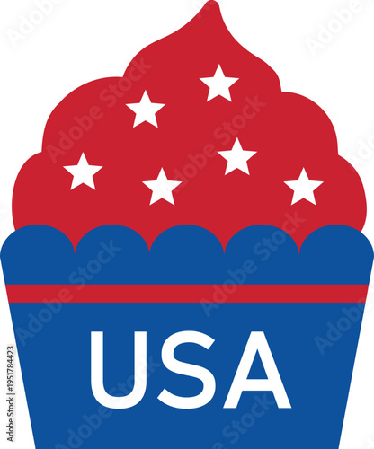 American patriotic cupcake with stars  for Fourth of July celebration vector illustration.
Red white and blue cupcake with star topping for Independence Day party design
Transparent background. svg.