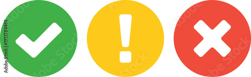 Checkmark, User interface notification icons, collection of success check warning exclamation and error cross symbols in clean vector style for UI design.