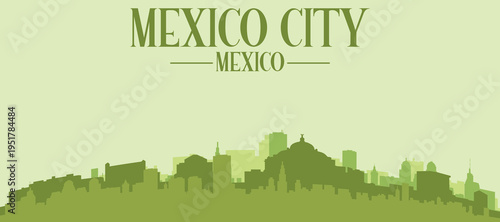 Green panoramic poster of the city skyline with solid background buildings on a hilly terrain of MEXICO CITY, MEXICO