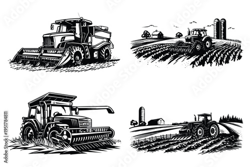 Four farm tractor and combine harvester scenes black white woodcut style illustration set