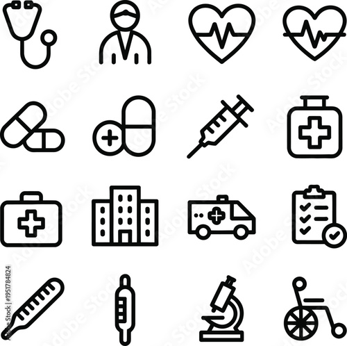 Black  medical on white background stethoscope pills