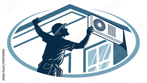 A vector graphic illustration of a worker installing an air conditioning unit on a house