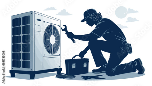 A technician in a blue uniform kneels beside an air conditioning unit, holding a wrench and working from a toolbox.