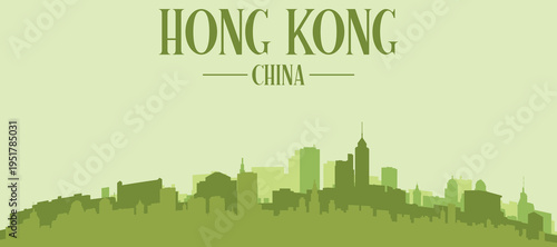 Green panoramic poster of the city skyline with solid background buildings on a hilly terrain of HONG KONG, CHINA