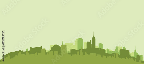 Green panoramic poster of the city skyline with solid background buildings on a hilly terrain of HONG KONG, CHINA