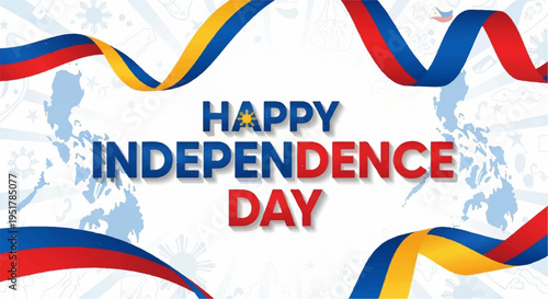 Happy independence day celebration with colorful ribbons and world map background