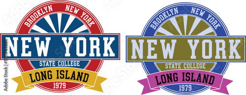 New York Long Island State College Vector Emblem with Sunburst and Ribbon for Varsity Apparel Design