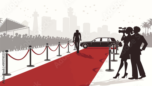 A red carpet event with paparazzi and a city skyline in the background