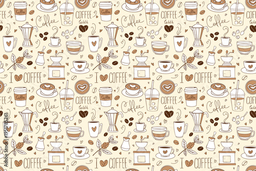 Cute сoffee seamless pattern with cups, beans, grinder and hand-drawn cafe elements in a cozy doodle style