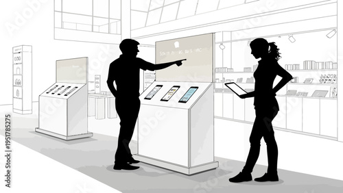 A vector graphic illustration of a man and woman interacting with digital displays in a modern store