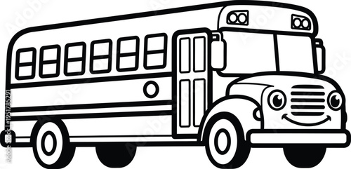A black and white illustration of a smiling school bus