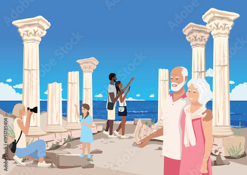 A group of tourists of various ages and races explore, examine, and photograph ancient ruins with columns. Travel and leisure. Hand-drawn vector illustration.