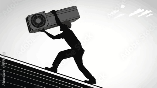 A silhouette of a man carrying an air conditioner unit up a roof