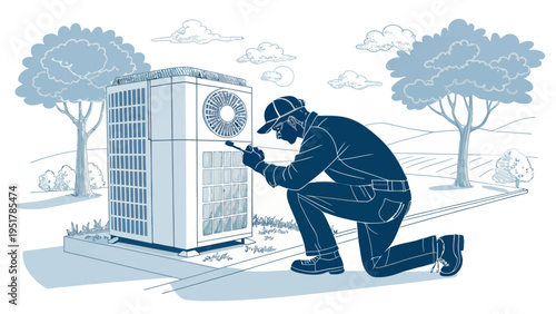 A technician in a uniform kneels to inspect an air conditioning unit outdoors in a serene landscape with trees.