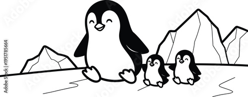 A cartoon penguin family in a mountainous landscape
