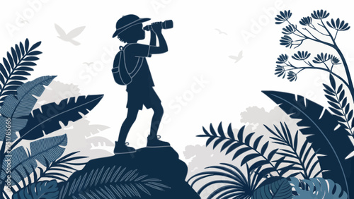 A vector graphic illustration of a boy in a jungle looking through binoculars