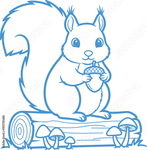 A blue line drawing of a squirrel on a log with mushrooms