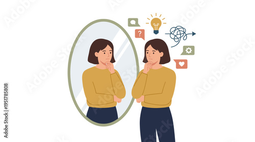 Self-reflection, analysis, mental health, and psychology concepts. A person looking at themselves in a mirror, deep in thought. A thoughtful woman reflecting. A flat vector illustration set against a