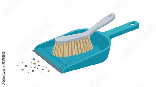 A dustpan and brush, plastic floor cleaning tools, are household accessories for sweeping dirt and litter, shown in a flat vector illustration on a white background
