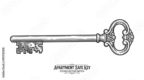 A long door key rendered in a vintage retro outline, featuring a detailed etching of a contemporary lock for a safe or apartment, depicted as a contoured woodcut vector sketch on a white background