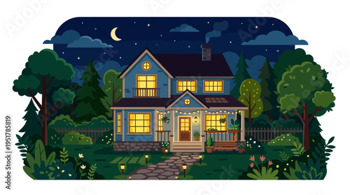 A summer cottage or mansion with a porch, nestled amid stunning nature at night, features a suburban home whose windows glow, rendered as a vibrant flat‑style cartoon vector illustration