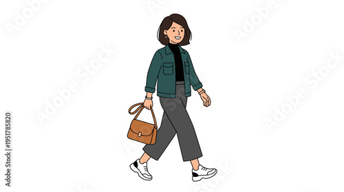 A fashionable young woman in a contemporary jacket, trousers, and turtleneck, clutching a handbag, depicted as a flat vector cartoon on a white background