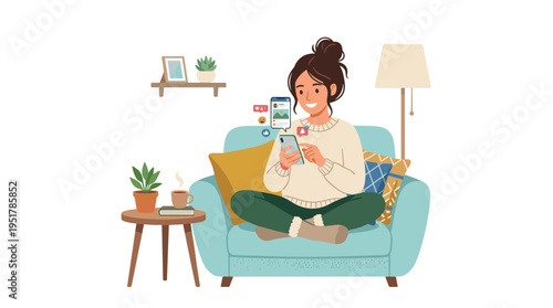 A woman lounges at home with her mobile phone, while a girl casually scrolls social media on her smartphone, and a female relaxes online with a cellphone, all rendered in a flat vector illustration