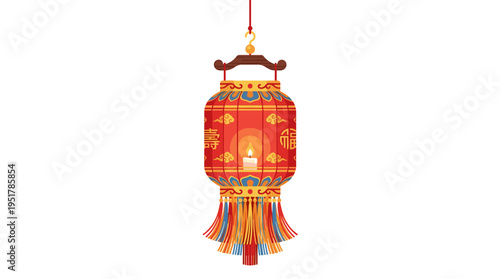 A fringe‑decorated street paper lantern, a Chinese hanging lamp holding a candle, serves as a religious light for an Asian festival, depicted as a traditional oriental decoration in a colored vector