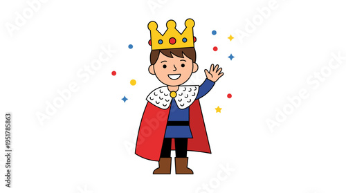 A charming young boy dressed as a king at a carnival party, depicted in a flat vector illustration, waving his hand in a playful pose