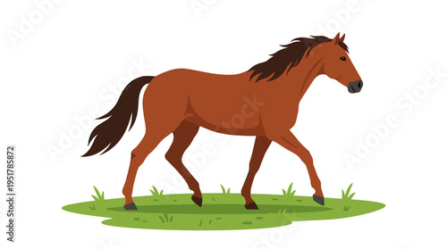 A thoroughbred horse strides across a grassy pasture, depicted as a purebred equine in elegant motion, rendered as a flat vector illustration on a white background