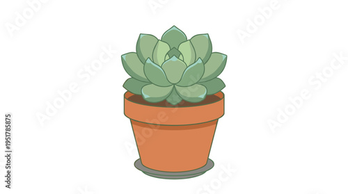 A succulent in a pot stands alone against a white backdrop, its fleshy leaves thriving in a planter, depicted as a colored flat vector illustration of a houseplant