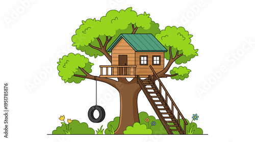 Wooden treehouse, cabin perched on branches, and a hut hanging from branches; a countryside treehouse serving as a vacation home; a summer chalet in nature with stairs and a tire swing; a holiday