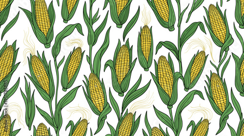 A seamless pattern of realistic, hand‑drawn sweet corn cobs outlined with contour lines on a blue background, featuring fresh corncobs and leaves for a natural fabric or wallpaper illustration