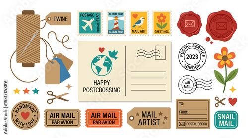 Seal, postal stamps, postcard, flower, postmarks, twine spool for postcrossing and DIY mail décor. Postcards, craft labels and tags composition. Flat vector illustration isolated on a white