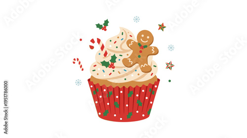 A Christmas cupcake, a sweet holiday treat topped with cream, sprinkles, and a gingerbread man, also a festive New Year dessert, a winter holiday cupcake or muffin, rendered as a flat vector