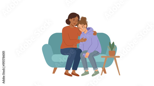 A parent supports a teenager, with the mother comforting her daughter amid an adolescent crisis, caring deeply as the girl struggles with teenage issues, depicted as a flat vector illustration on a