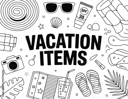 Beach vacation doodle collection, hand drawn black and white vector of summer travel essentials and seaside accessories in sketch style.