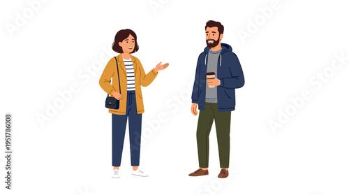 A contemporary adult woman and man in casual outerwear encounter one another, engaging in conversation outdoors as a stylish pair or friends, depicted in a flat vector cartoon illustration set
