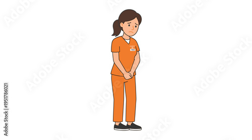 A young, sorrowful woman in an orange prison uniform stands alone against a white backdrop, depicted as a flat female cartoon character in vector style