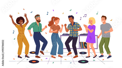 A disco crowd dances joyfully. A group of happy men and women enjoy a modern retro vinyl music party. The scene is full of fun, rave vibes, and excited young characters who are trendy youth. The