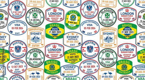 A seamless vector pattern of visa stamps featuring colorful backdrops from Austria, Glasgow, London, Brazil, and Sydney, showcasing visited countries and territories as a travel-inspired texture for